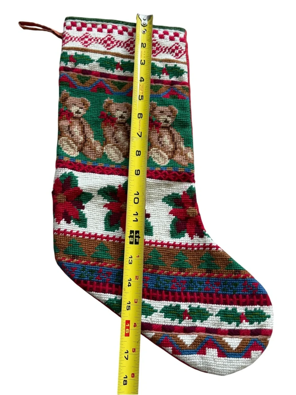 Vintage Wool Needlepoint Christmas Stocking Teddy Bears Poinsettia Holiday Decor